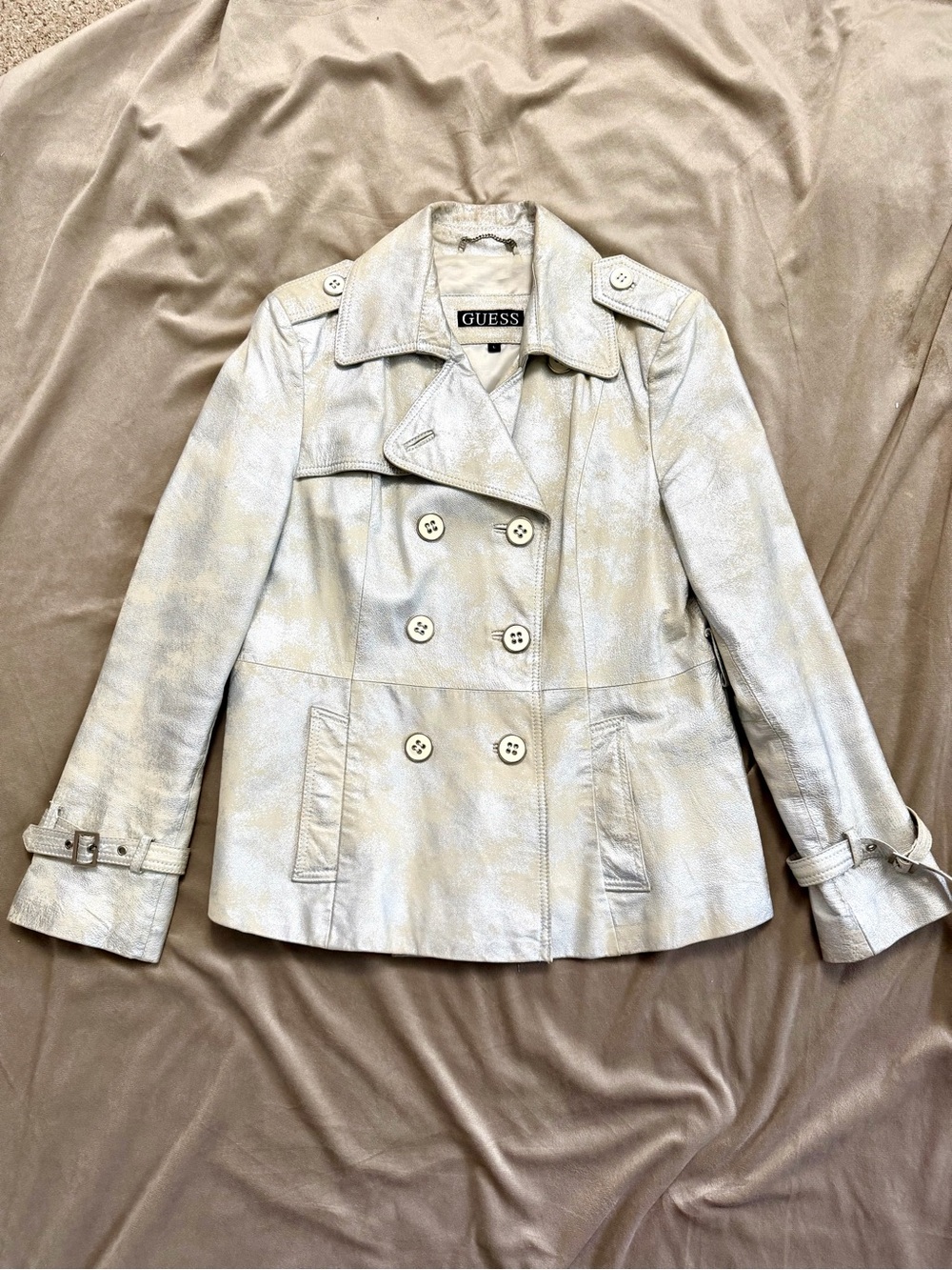 GUESS Vtg Genuine Leather Double-Breasted Gold Y2K Distressed Trench Coat L